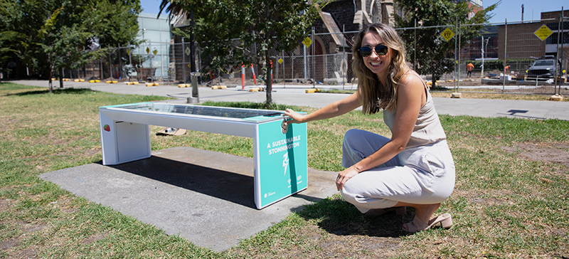 City of Stonnington Mayor, Cr Jami Klisaris displays a solar powered smart bench for community use