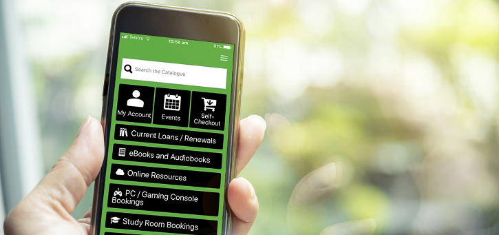 Close-up of phone with library app on screen 